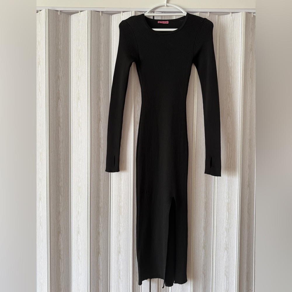 Black Bodycon Long Sleeve Midi Dress S Minimalist Chic Fitted Elegant Y2K - Picture 2 of 5
